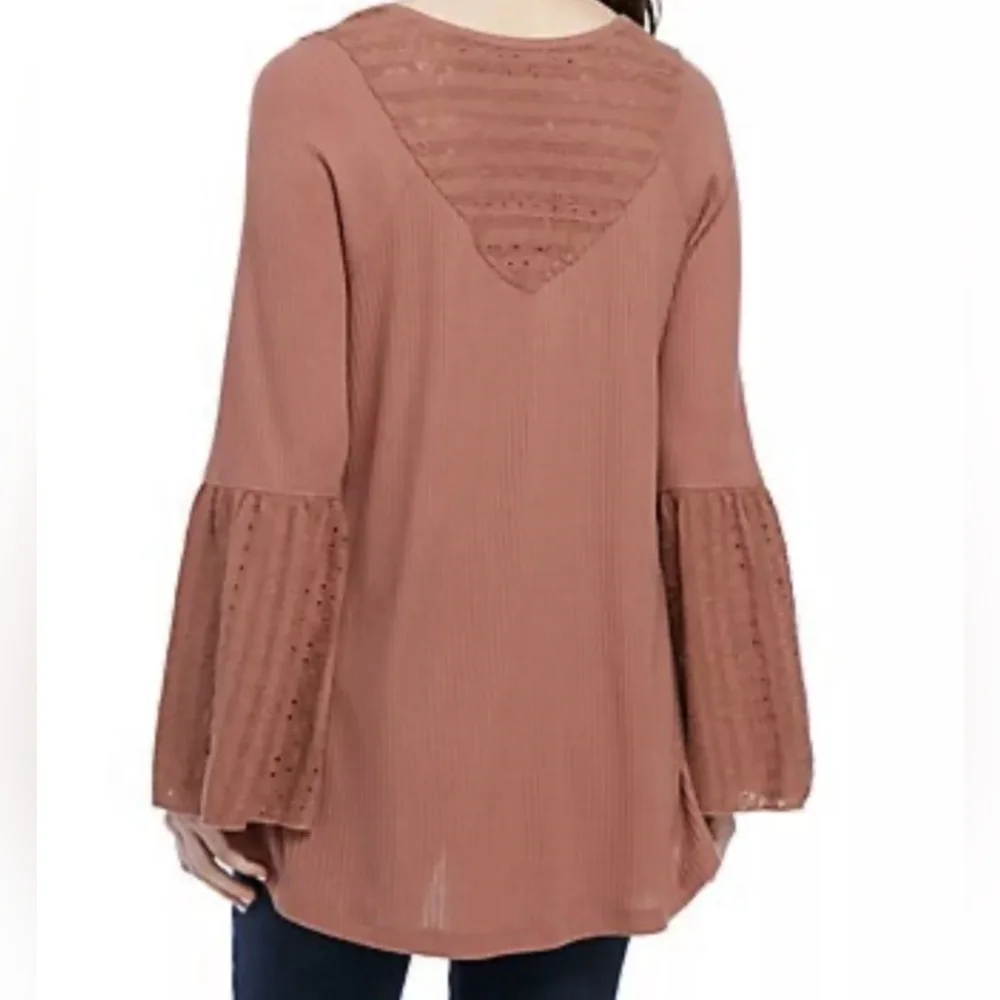 Free People Parisian Nights Pink Eyelet Bell Sleeve Waffle Knit Top size S - Picture 4 of 10